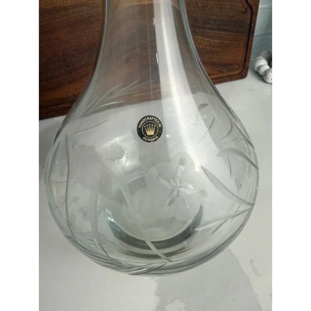 Vintage Romania Handcrafted Crystal Decanter Etched Floral Glass Stopper 13.5in